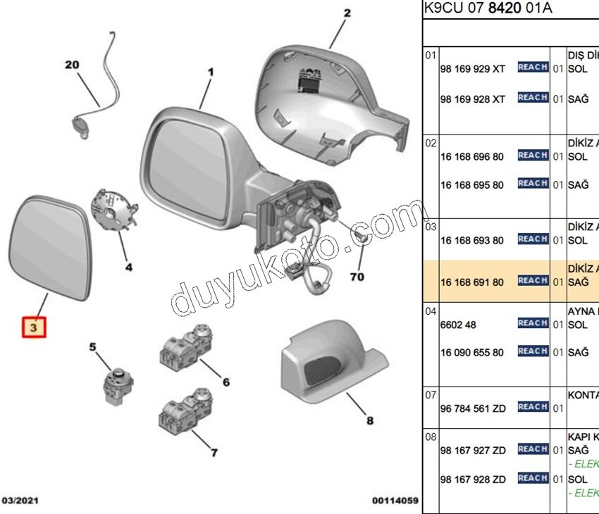 2019> Partner Rifter Berlingo Combo Doblo Proace City Dikiz Ayna Camı Sağ Kör Noktalı