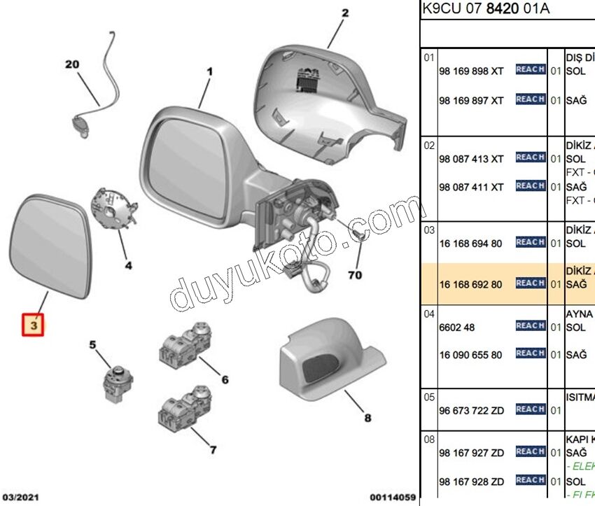 2019> Partner Rifter Berlingo Combo Doblo Proace City Expert Jumpy Scudo Dikiz Ayna Camı Sağ 2017/2024