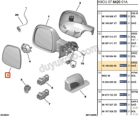 2019> Partner Rifter Berlingo Combo Doblo Proace City Expert Jumpy Scudo Dikiz Ayna Camı Sağ 2017/2024