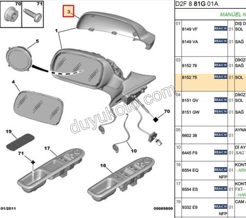 Peugeot 307 407 Citroen Xsara Dikiz Ayna Kapağı Sol Astarlı 2001/2009