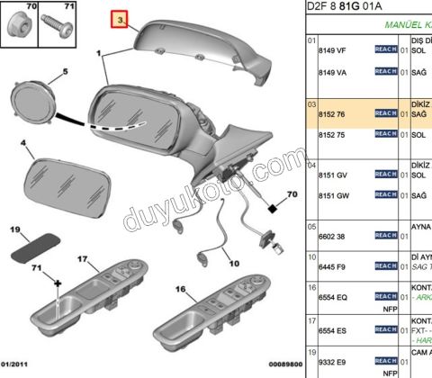 Peugeot 307 407 Citroen Xsara Dikiz Ayna Kapağı Sağ Astarlı 2001/2009