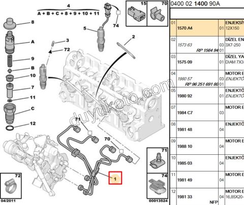 BORU ENJEKTOR TK PRT1 PRT2 EXP1 EXP2 4AD 1.9D,Y.M 03/09 LUCAS TIP