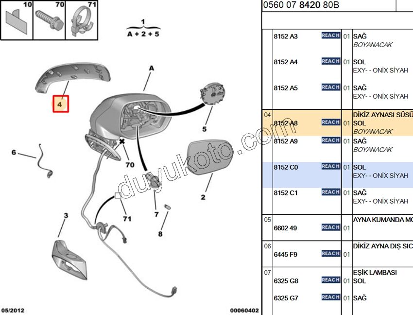 Citroen C3/C4 Picasso Dikiz Ayna Kapağı Sol (Astarlı) 2007/2017