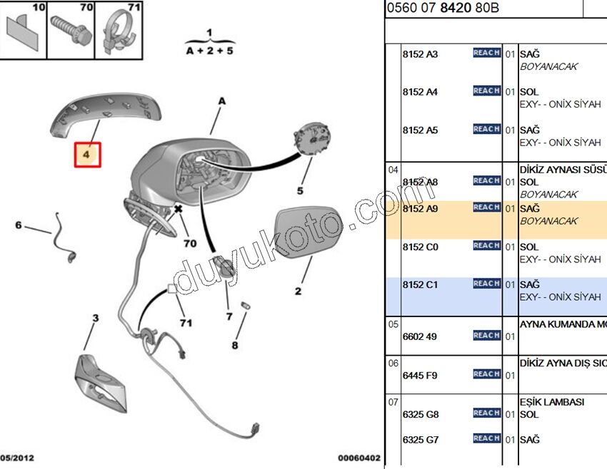 Citroen C3/C4 Picasso Dikiz Ayna Kapağı Sağ Astarlı 2007/2017