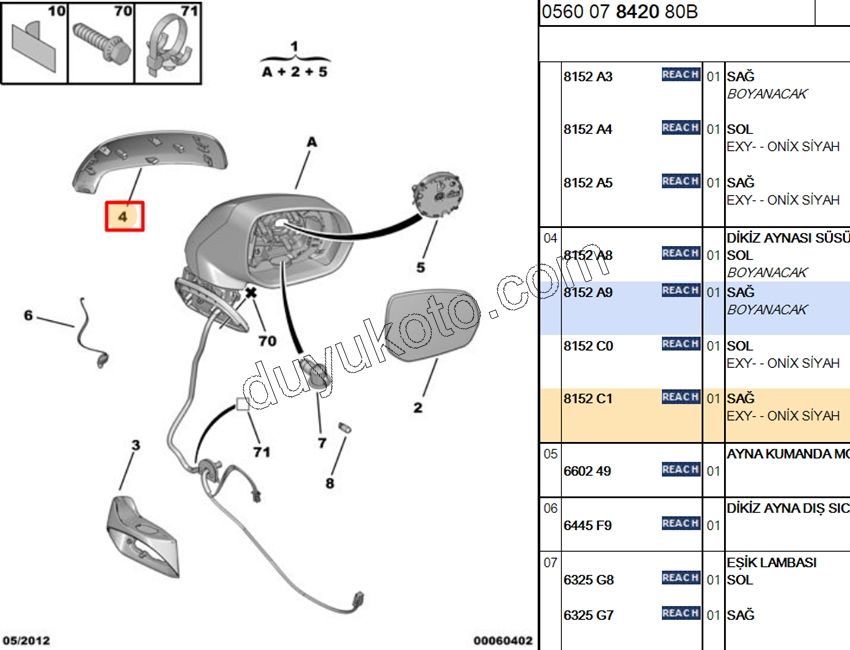 Citroen C3/C4 Picasso Dikiz Ayna Kapağı Sağ ONIX Siyah 2007/2017