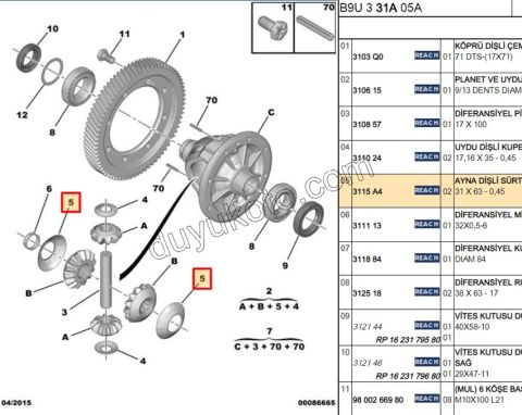 PUL BUYUK DIFERANSIYEL X 2AD 1.6HDİ Euro4 31 X 63 - 0,45