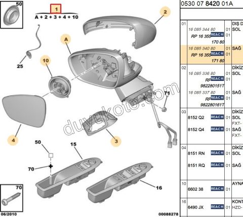 Citroen C4 Dikiz Aynası Sağ ELEK+ISI+ KAP+AST+ 2010/2014