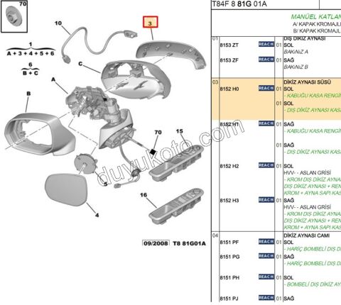 Peugeot 3008 5008 Dikiz Ayna Kapağı Dış Sol Astarlı (Krom) 2010/2014