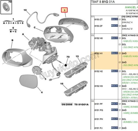 Peugeot 3008 5008 Dikiz Ayna Kapağı Dış Sağ Astarlı (Krom) 2010/2014