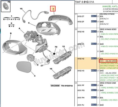 Peugeot 3008 5008 Citroen C3/C4 Picasso Dikiz Ayna Kapağı Dış Sol KROM TK 2007/2017