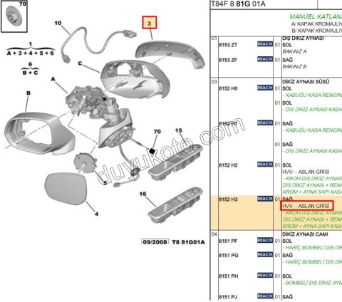 Peugeot 3008 5008 Citroen C3/C4 Picasso Dikiz Ayna Kapağı Dış Sağ Krom TK 2007/2017