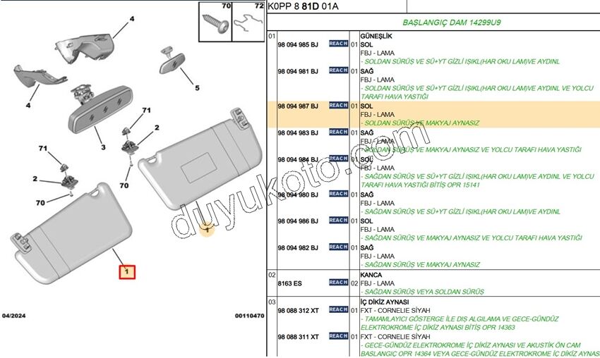 Güneşlik Sol PRT4 VAN