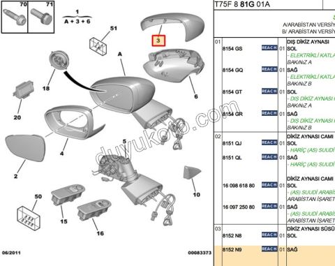 Peugeot RCZ Dikiz Ayna Kapağı Sağ 2010/2013