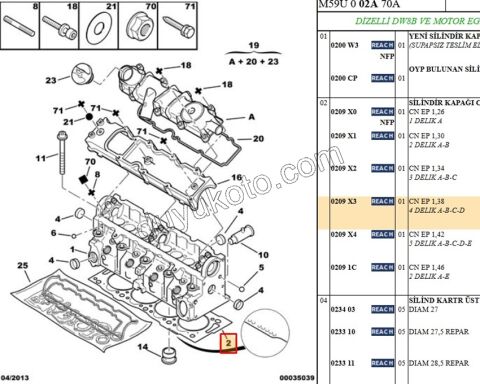 Silindir Kapak Contası 1.9D, 1998/2003 2+4 1.38MM