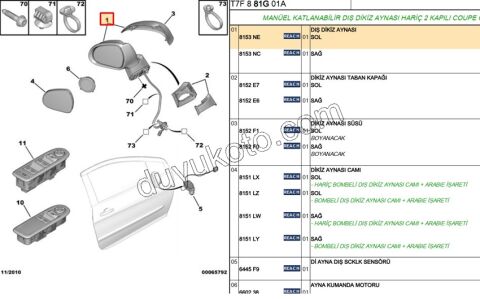 Peugeot 308 Dikiz Aynası Sol 2008/2011
