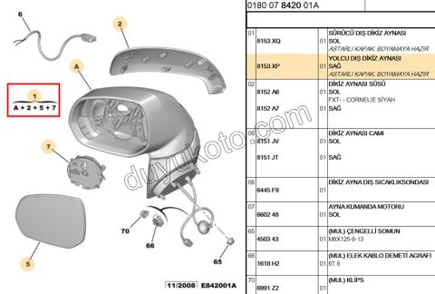 Citroen C3 Picasso Dikiz Aynası Sağ Elektirikli AST 2008/2017