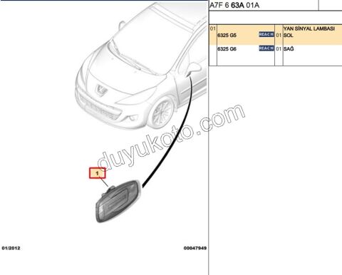Peugeot 207 308 3008 5008 Citroen C4 C5 Ayna Sinyali Sol 2006/2014
