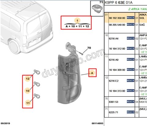 2019> Partner Rifter Berlingo Combo Doblo Proace City Stop Lambası Sol (Bagaj Kapak Çift)