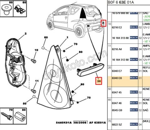 Peugeot 206sw 107 Expert Citroen C1 Jumpy Fiat Scudo Reflektor (Kedi Gözü) Arka Sağ 2002/2024