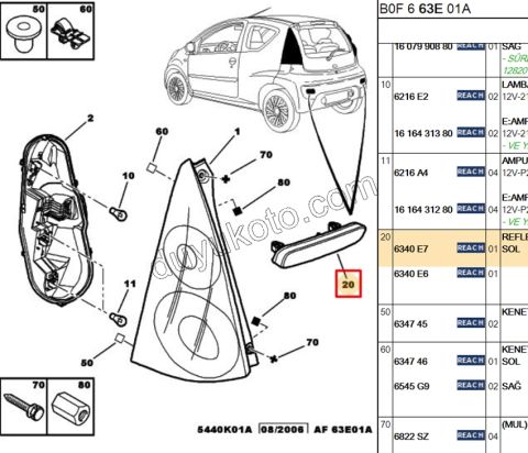 Peugeot 206sw 107 Expert Citroen C1 Jumpy Fiat Scudo Reflektor (Kedi Gözü) Arka Sol 2002/2024