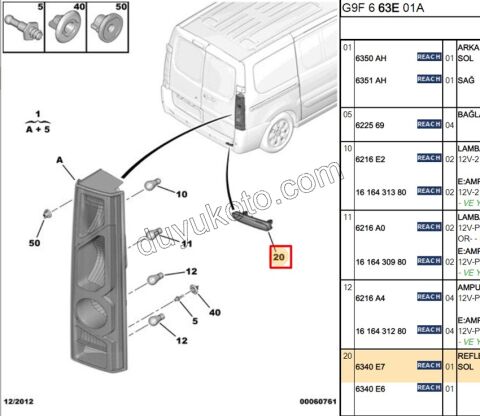 Peugeot 206sw 107 Expert Citroen C1 Jumpy Fiat Scudo Reflektor (Kedi Gözü) Arka Sol 2002/2024