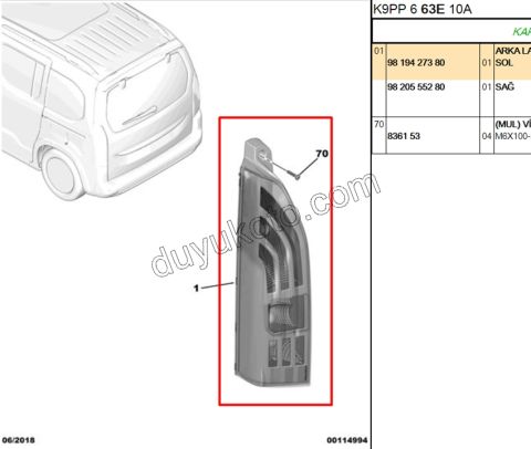 2019> Partner Rifter Stop Lambası Sol (Bagaj Tek Kapak Yukarı Açılır)