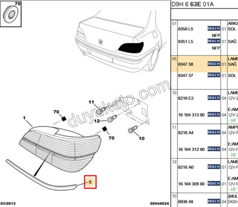 Peugeot 406 Stop Üst Çıtası Sağ D9 2003/2005