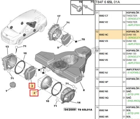 308 3008 5008 RCZ Ön kapı Hoparlör 16,5cm