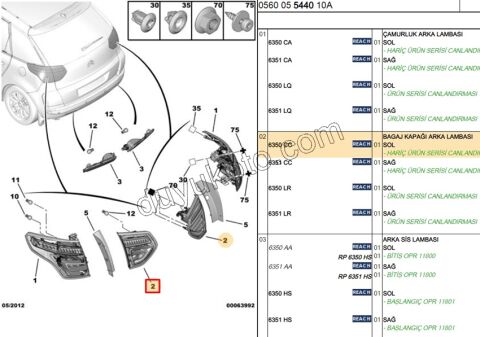 Citroen C4 Picasso Stop Lambası Sol İç (Bagaj Kapağı) 2007/2010