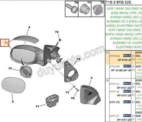 Peugeot 206 Dikiz Aynası Sol Elektirikli Astarlı 1998/2003