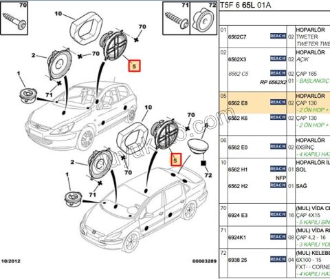 Partner Tepe 307 Berlingo Xsara Arka Kapı Hoparlör 13cm
