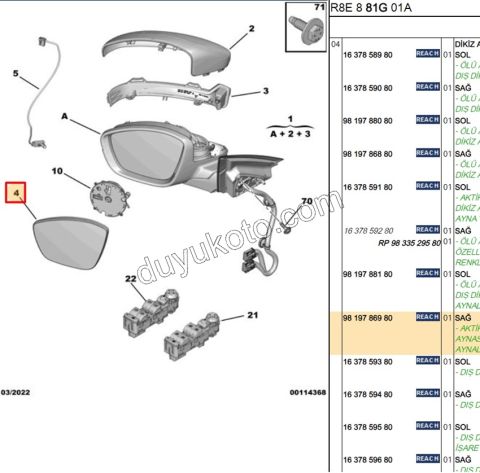 Peugeot 508 Dikiz Ayna Camı Sağ 2019/2023