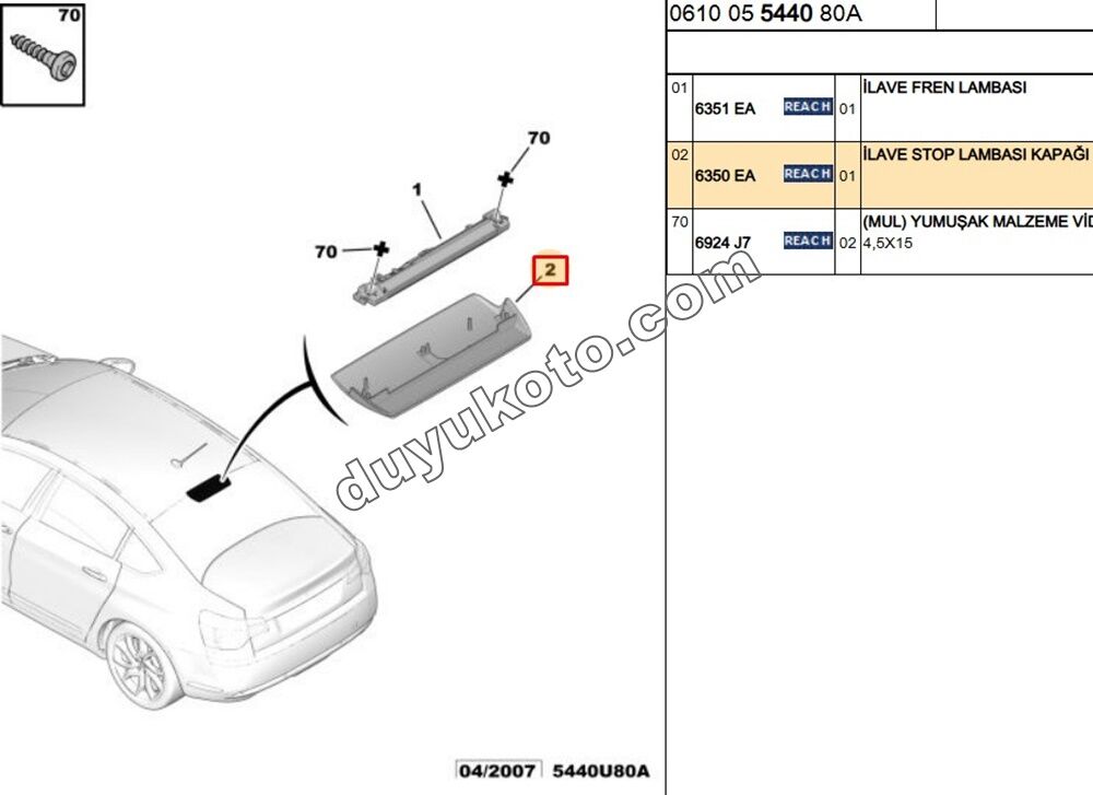 Citroen C5 İlave 3. Fren / Stop Lambası KAPAĞI  2008/2012