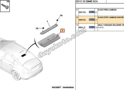 Citroen C5 İlave 3. Fren / Stop Lambası KAPAĞI  2008/2012
