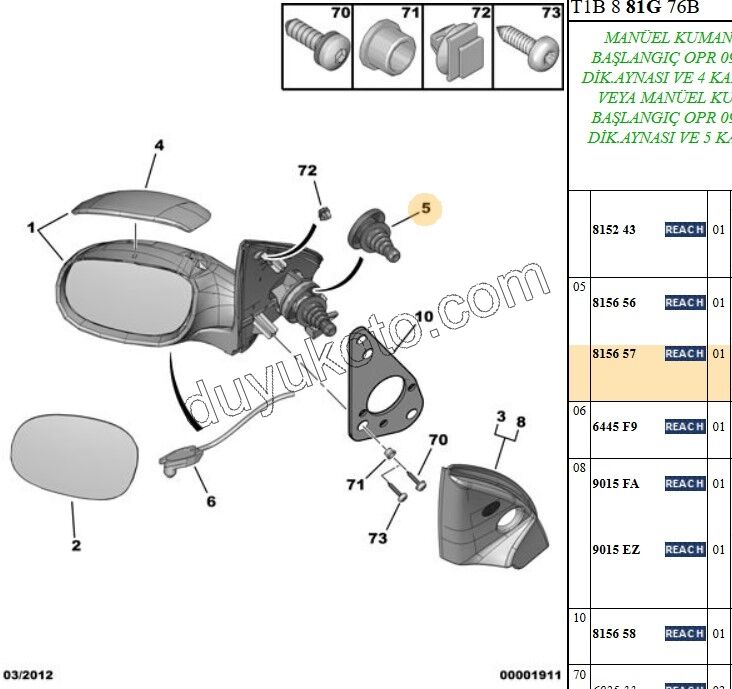 Peugeot 206 Ayna Ayarlama Kolu Körüğü 1998/2003