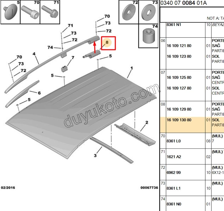 Peugeot Bipper Citroen Nemo Tavan Çıta Kapağı Arka Sol