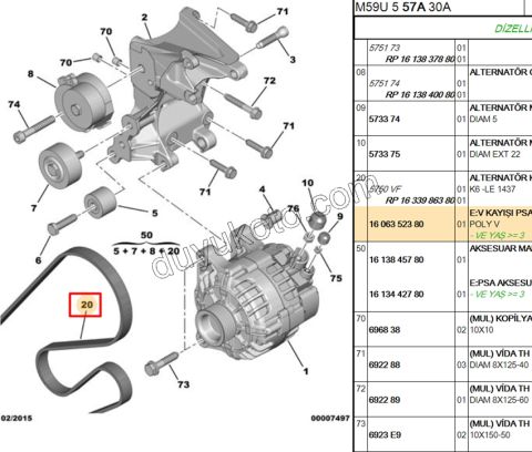 Alternatör V Kayışı 6PK1437 PRT1 PRT2 Klimasız 1.9D,Y.M 03/09