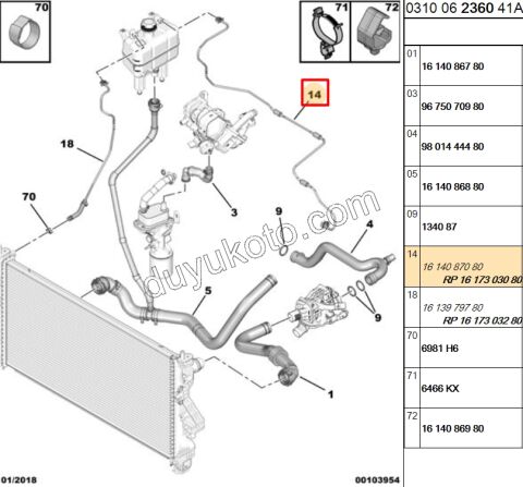 Radyatör Ek Depo ile Termostat Arası Hortum BXR3MQ 2.0HDI 163HP Euro6 2017 Sonrası