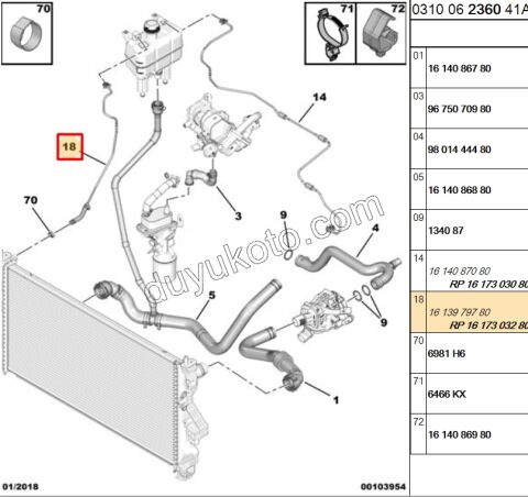 Radyatör Ek Depo ile Radyatör Arası Hortum BXR3MQ 2.0HDI 163HP Euro6 2017 Sonrası