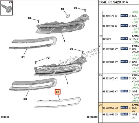 Citroen C5 Aircross Gündüz Far Çerçevesi Sol (Krom) 2019/2022
