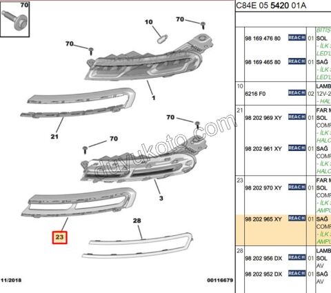 Citroen C5 Aircross Gündüz Far Çerçevesi Sağ ORTA BOLUK SIYAH KROM YOK 2019/2022