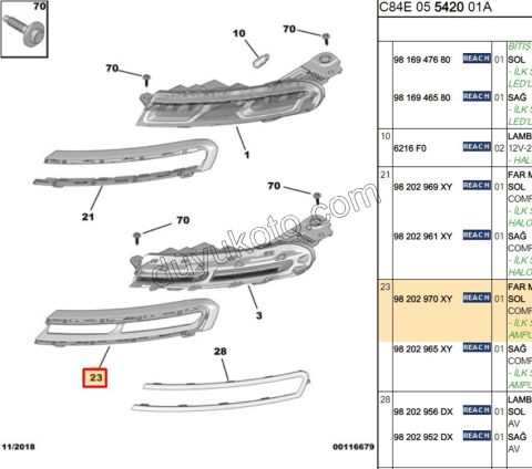 Citroen C5 Aircross Gündüz Far Çerçevesi Sol ORTA BOLUK SIYAH KROM YOK 2019/2022