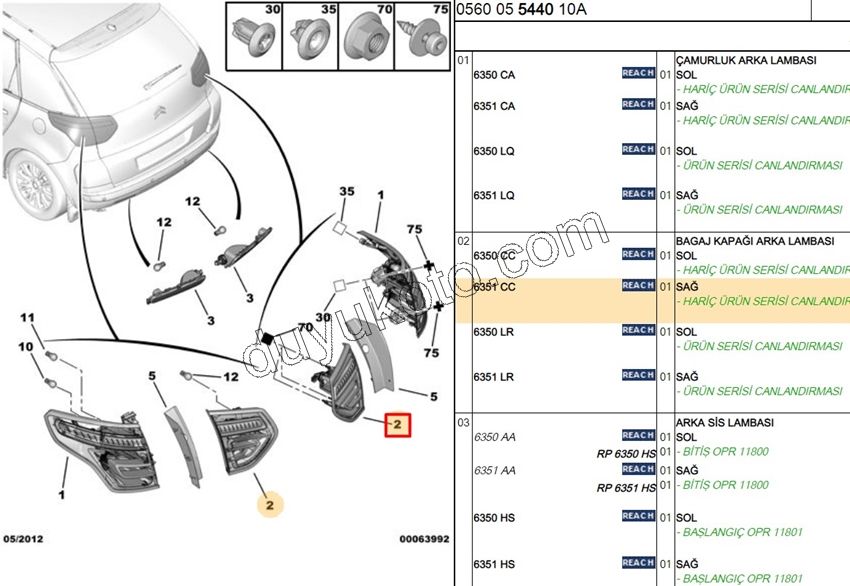 Citroen C4 Picasso Stop Lambası Sağ İç (Bagaj Kapağı) 2007/2010