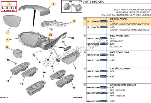 Peugeot 208 2008 Dikiz Aynası Sol (Astarlı) 2012/2019