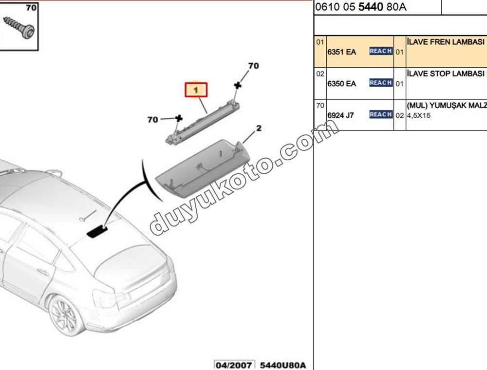 Citroen C5 İlave 3. Fren / Stop Lambası 2000/2012