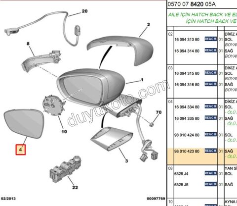 Citroen C4 Picasso Dikiz Ayna Camı Sağ 2013/2018