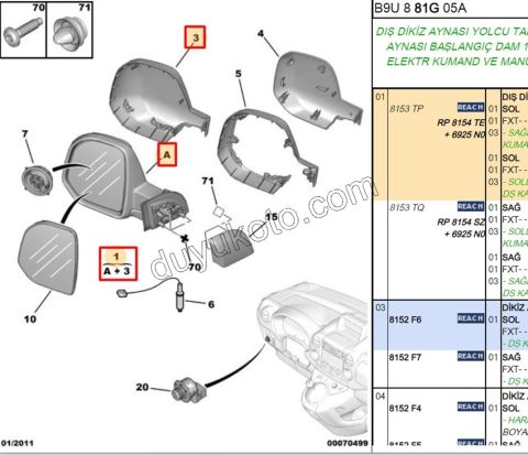 Dikiz Aynası Sol PRT3 AST BYK KAPAK+ 2 SOK 3+2PIN