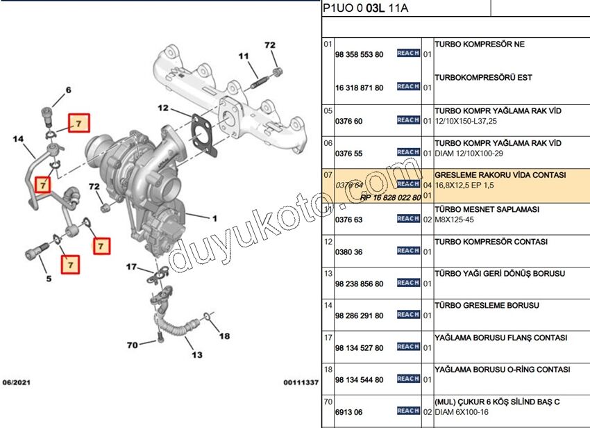 PUL TURBO YAGLAMA BORUSU DV64 DV6C DV6F EB2DTS YNO