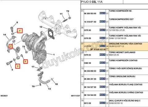 PUL TURBO YAGLAMA BORUSU DV64 DV6C DV6F EB2DTS YNO
