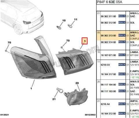 Peugeot 3008 5008 Stop Lambası Sağ İç (Bagaj Kapağı) 2020/2024